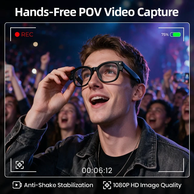 Alt view image 4 of 7 - Smart Glasses with Camera, Recording Glasses, Real-Time Translation AI Assistant Real-Time Translation, Object Recognition, Music & Calls, Voice Assistant,Black Clear Lenses