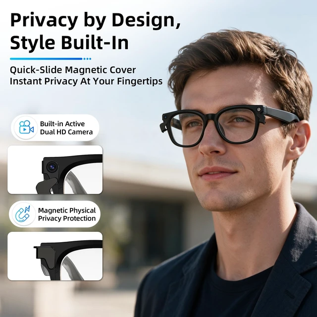 Alt view image 5 of 7 - Smart Glasses with Camera, Recording Glasses, Real-Time Translation AI Assistant Real-Time Translation, Object Recognition, Music & Calls, Voice Assistant,Black Clear Lenses