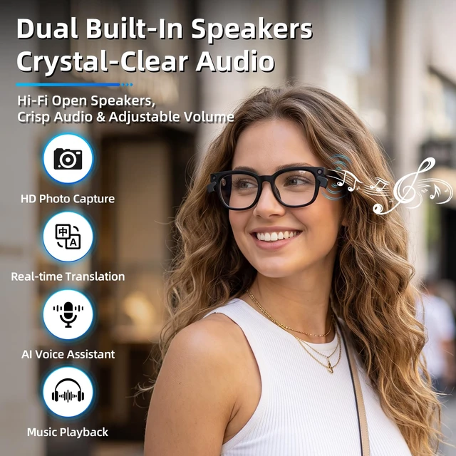 Alt view image 3 of 7 - Smart Glasses with Camera, Recording Glasses, Real-Time Translation AI Assistant Real-Time Translation, Object Recognition, Music & Calls, Voice Assistant,Black Clear Lenses