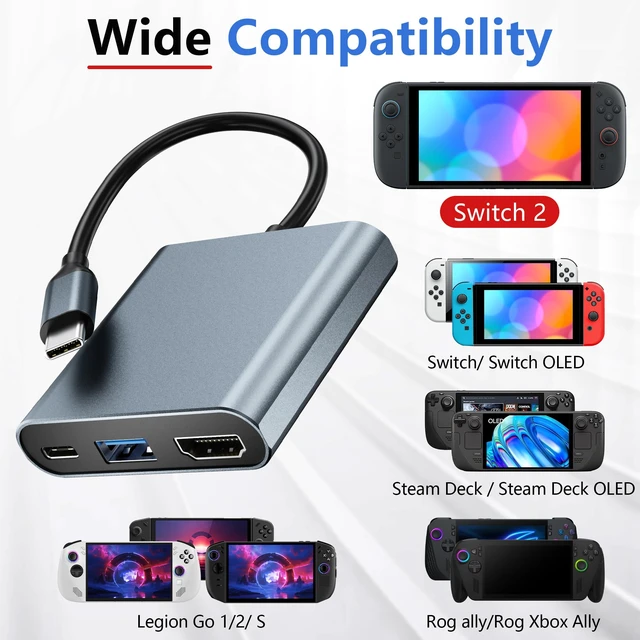 Alt view image 7 of 7 - TV Dock Compatible with Switch 2,Support 4K@60Hz~120Hz/1000M Ethernet Aluminum Alloy Travel USB C Docking Station with PD Max 100W/2 USB 3.0 Port,Includes 20V/3A Power Adapter and HDMI Cable