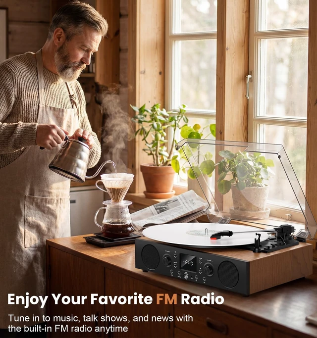 Alt view image 6 of 7 - Heritage Walnut Bluetooth Record Player, 3-Speed Turntable Heritage walnut finish with Bluetooth, 3-speed playback, FM radio, LCD display, USB/TF recording and built-in speakers