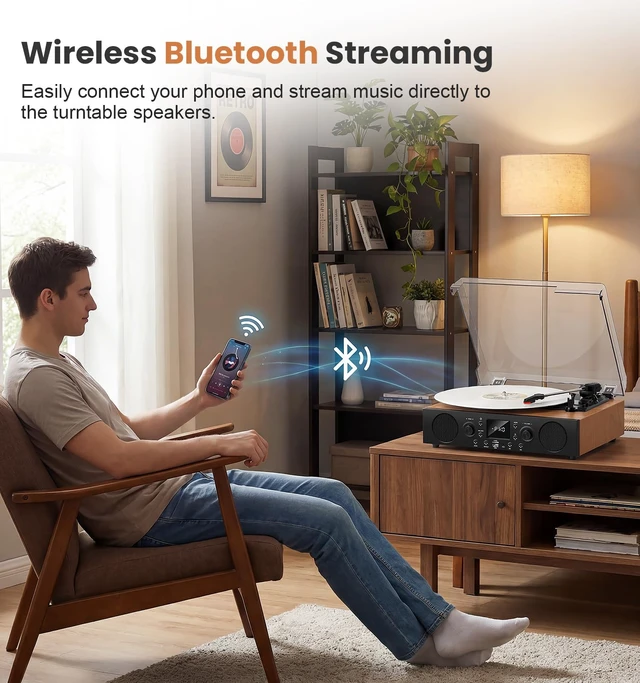 Alt view image 7 of 7 - Heritage Walnut Bluetooth Record Player, 3-Speed Turntable Heritage walnut finish with Bluetooth, 3-speed playback, FM radio, LCD display, USB/TF recording and built-in speakers