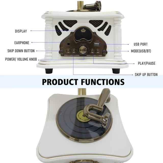 Alt view image 2 of 7 - White Vintage Gramophone Recorder, Decorative Turntable with BT/USB Headphone Connection, HiFi, Handcrafted by Pure OakGreat for Music Player, Home Decor, Retro Collection/Classic Gift (RT-135)