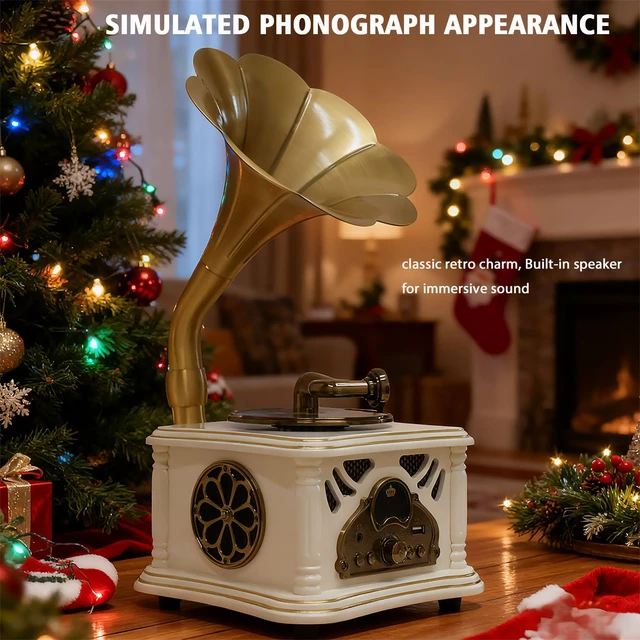 Alt view image 4 of 7 - White Vintage Gramophone Recorder, Decorative Turntable with BT/USB Headphone Connection, HiFi, Handcrafted by Pure OakGreat for Music Player, Home Decor, Retro Collection/Classic Gift (RT-135)