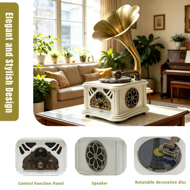 Alt view image 3 of 7 - White Vintage Gramophone Recorder, Decorative Turntable with BT/USB Headphone Connection, HiFi, Handcrafted by Pure OakGreat for Music Player, Home Decor, Retro Collection/Classic Gift (RT-135)