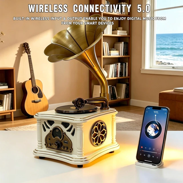 Alt view image 5 of 7 - White Vintage Gramophone Recorder, Decorative Turntable with BT/USB Headphone Connection, HiFi, Handcrafted by Pure OakGreat for Music Player, Home Decor, Retro Collection/Classic Gift (RT-135)