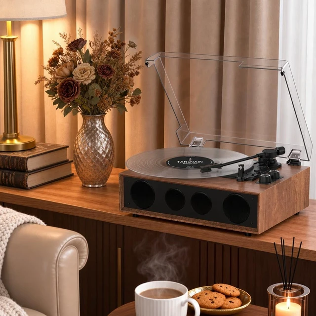 Alt view image 3 of 7 - Vinyl Record Player Turntable with 4 Built-in Speakers, 3-Speed Walnut Wood 4 Built-in Speakers, Belt-Drive Playback, RCA/AUX, 3-Speed Belt-Driven, Adjustable Tracking Force for Everyday Listening