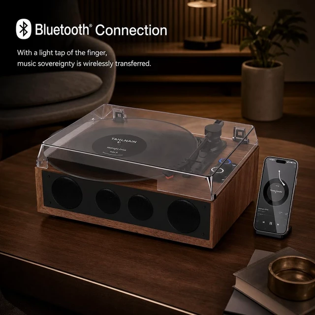 Alt view image 6 of 7 - Vinyl Record Player Turntable with 4 Built-in Speakers, 3-Speed Walnut Wood 4 Built-in Speakers, Belt-Drive Playback, RCA/AUX, 3-Speed Belt-Driven, Adjustable Tracking Force for Everyday Listening