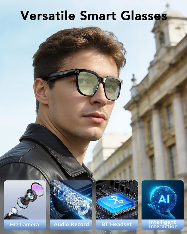 Alt view image 2 of 7 - Smart Glasses with Camera, Bluetooth Music AI Glasses 800W HD Camera Glasses, 1080P Video Recording, Built-in ChatGPT Voice Assistant control for Men Women