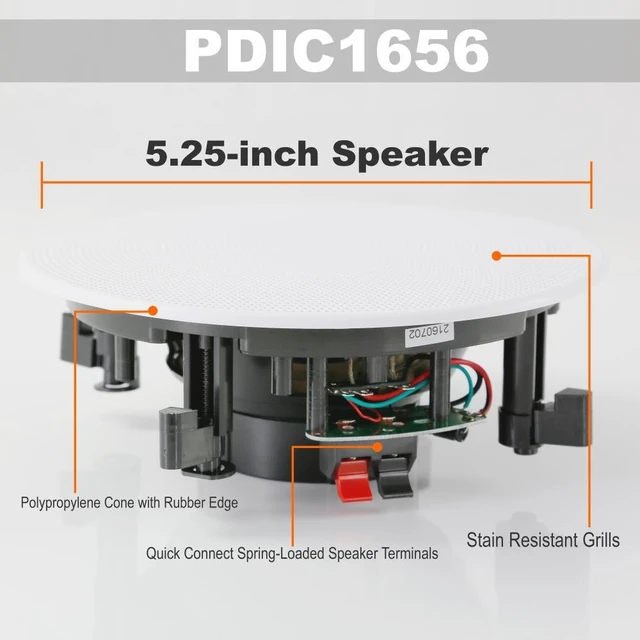 Alt view image 4 of 5 - Pair 5.25 Flush Mount In-wall In-ceiling 2-Way Speaker System Spring Loaded Quick Connections Changeable Round/Square Grill Stereo Sound Polyprone Cone Polymer Tweeter 150 Watts (PDIC1656)