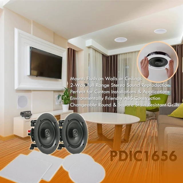 Alt view image 5 of 5 - Pair 5.25 Flush Mount In-wall In-ceiling 2-Way Speaker System Spring Loaded Quick Connections Changeable Round/Square Grill Stereo Sound Polyprone Cone Polymer Tweeter 150 Watts (PDIC1656)