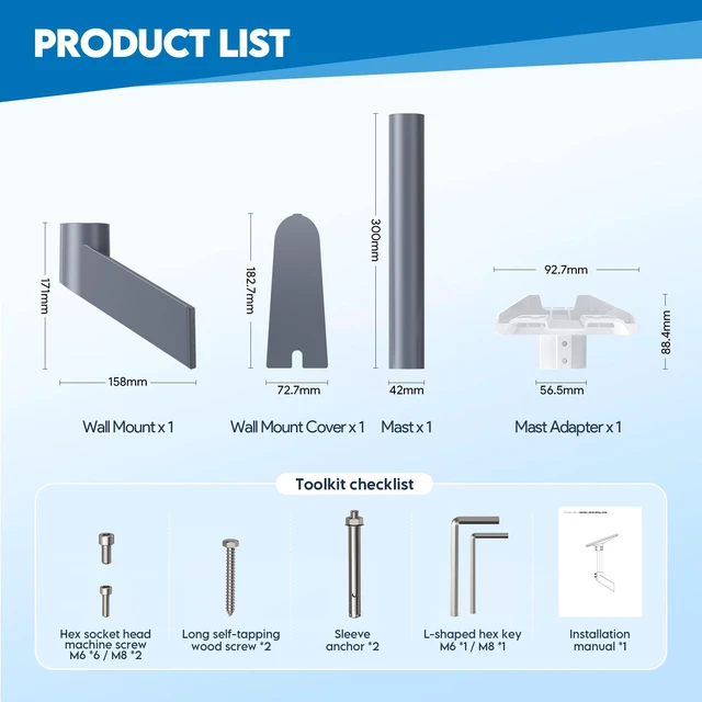 Alt view image 7 of 7 - Starlink Wall Mount Kit for Mini & Mini X, Die-Cast Aluminum 4.7" Eave Clearance, UV Resistant Adapter, Wood/Concrete Screws, Universal 1.5" & 1.67" poles, Roof Fascia Gable Use