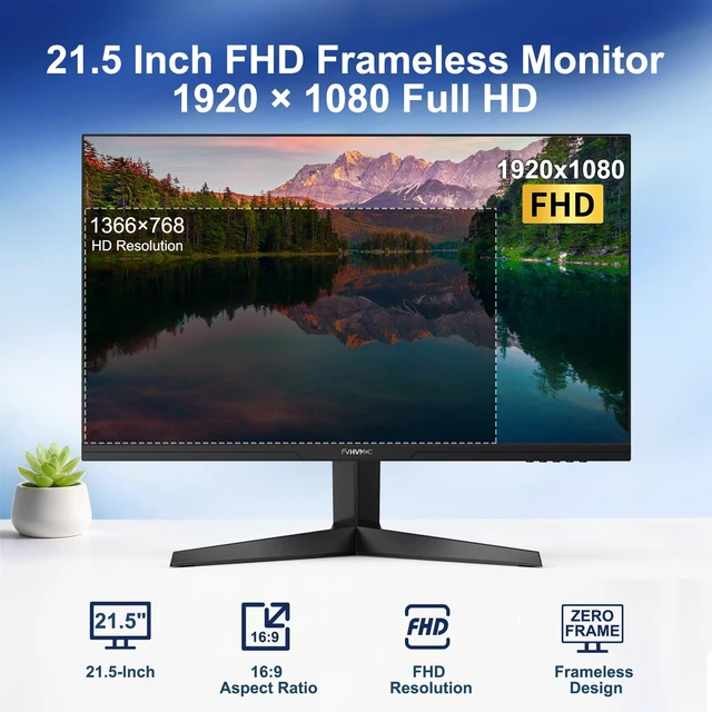 Alt view image 2 of 7 - 21.5in FHD 1920x1080 Professional Office Monitor Frameless 1080P Monitor, 3.8ms, 60Hz,178° Wide Viewing Angle, VGA, HDMI, DC, VESA Mountable, Tilt Adjust