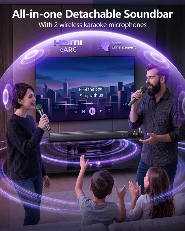 Alt view image 2 of 7 - Suntrok Sound Bar for TV,Surround Home Theater Speaker with 2 Wireless Mics Center-Channel Speaker with Bluetooth 5.3/HDMI ARC/OPT/AUX/USB for PC/Projector, 3 Sound Modes for Movie/Family Party