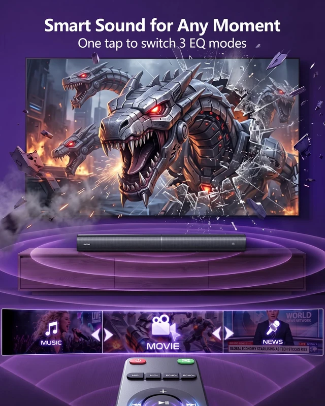 Alt view image 3 of 7 - Suntrok Sound Bar for TV,Surround Home Theater Speaker with 2 Wireless Mics Center-Channel Speaker with Bluetooth 5.3/HDMI ARC/OPT/AUX/USB for PC/Projector, 3 Sound Modes for Movie/Family Party