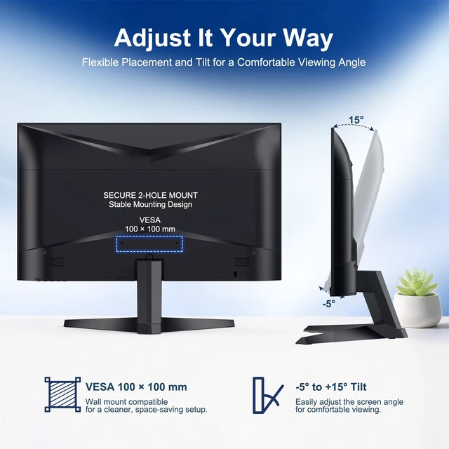 Alt view image 7 of 7 - 21.5in FHD 1920x1080 Professional Office Monitor Frameless 1080P Monitor, 3.8ms, 60Hz,178° Wide Viewing Angle, VGA, HDMI, DC, VESA Mountable, Tilt Adjust