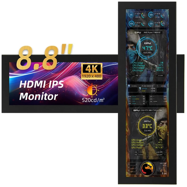 Main image of 8.8 Inch Mini Monitor, 1920x480 Secondary Screen, PC Case Screen for Raspberry Pi, AIDA64 PC CPU GPU RAM Data Monitor