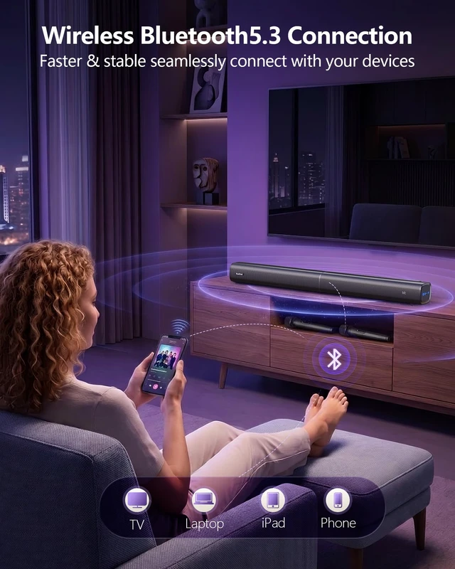 Alt view image 5 of 7 - Suntrok Sound Bar for TV,Surround Home Theater Speaker with 2 Wireless Mics Center-Channel Speaker with Bluetooth 5.3/HDMI ARC/OPT/AUX/USB for PC/Projector, 3 Sound Modes for Movie/Family Party