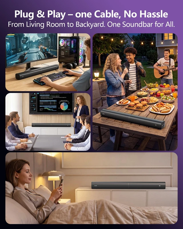 Alt view image 7 of 7 - Suntrok Sound Bar for TV,Surround Home Theater Speaker with 2 Wireless Mics Center-Channel Speaker with Bluetooth 5.3/HDMI ARC/OPT/AUX/USB for PC/Projector, 3 Sound Modes for Movie/Family Party