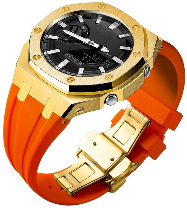 Main image of Ga2100 Watch Modify Case Band Mod Kit,Gold Plated Stainless Steel Bezel Case Silicone Strap Band Compatible With Casio G shock Ga2100 Ga2110 GAB2100