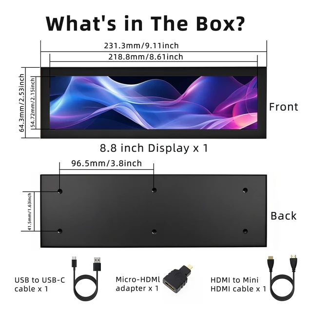 Alt view image 6 of 6 - 8.8 Inch Mini Monitor, 1920x480 Secondary Screen, PC Case Screen for Raspberry Pi, AIDA64 PC CPU GPU RAM Data Monitor