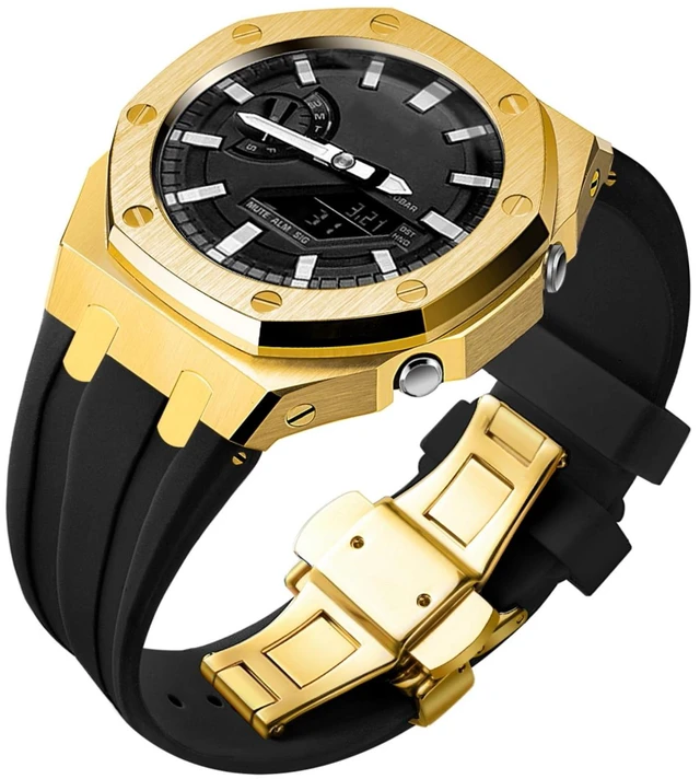Main image of Ga2100 Watch Modify Case Band Mod Kit,Gold Plated Stainless Steel Bezel Case Silicone Strap Band Compatible With Casio G shock Ga2100 Ga2110 GAB2100