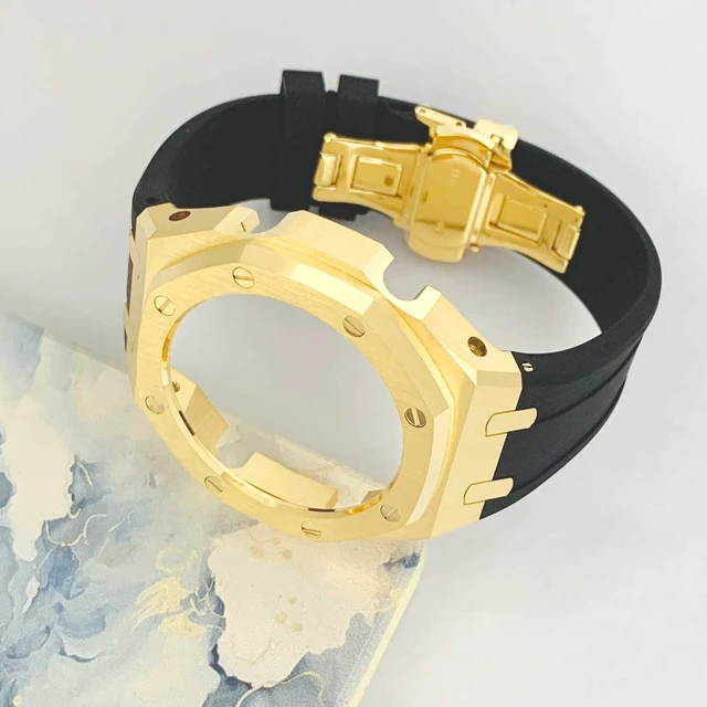 Alt view image 2 of 6 - Ga2100 Watch Modify Case Band Mod Kit,Gold Plated Stainless Steel Bezel Case Silicone Strap Band Compatible With Casio G shock Ga2100 Ga2110 GAB2100