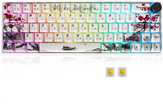 Main image of GK68 68-Key RGB Backlit Gaming Keyboard with Plum Blossom Keycaps, Hot Swappable Yellow Mechinery Switches, Wired and Wireless with Knob Mechanical Keyboard for Win/Mac OS