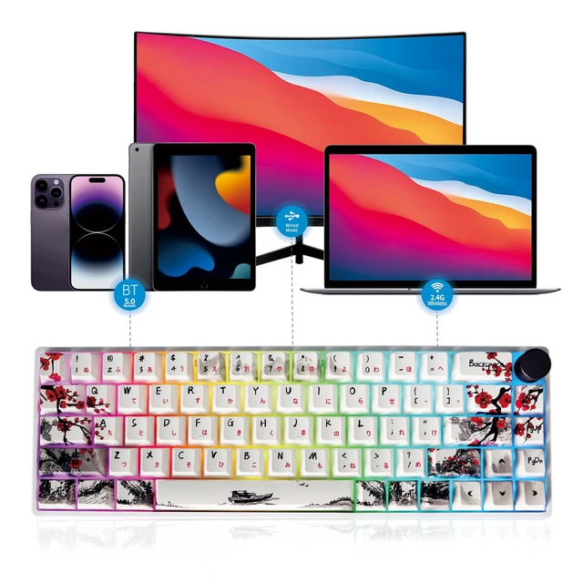 Alt view image 3 of 7 - GK68 68-Key RGB Backlit Gaming Keyboard with Plum Blossom Keycaps, Hot Swappable Yellow Mechinery Switches, Wired and Wireless with Knob Mechanical Keyboard for Win/Mac OS