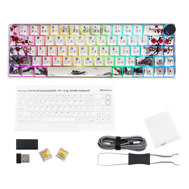 Alt view image 5 of 7 - GK68 68-Key RGB Backlit Gaming Keyboard with Plum Blossom Keycaps, Hot Swappable Yellow Mechinery Switches, Wired and Wireless with Knob Mechanical Keyboard for Win/Mac OS