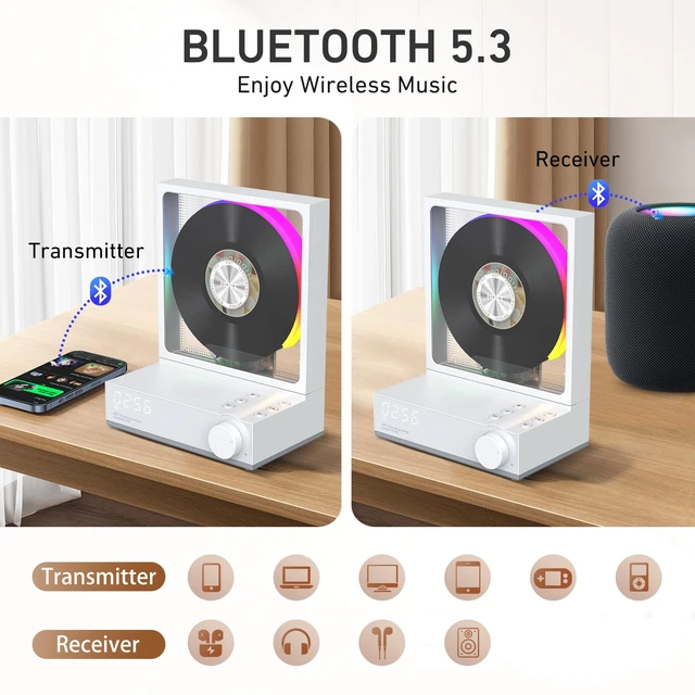 Alt view image 2 of 7 - Retro Portable CD Player Bluetooth 5.3 CD Players for Home,Music Player with HiFi Speaker,Recheageable 4000mAh, Optical Fiber Version/FT/AUX Desktop CD Players(Gray)