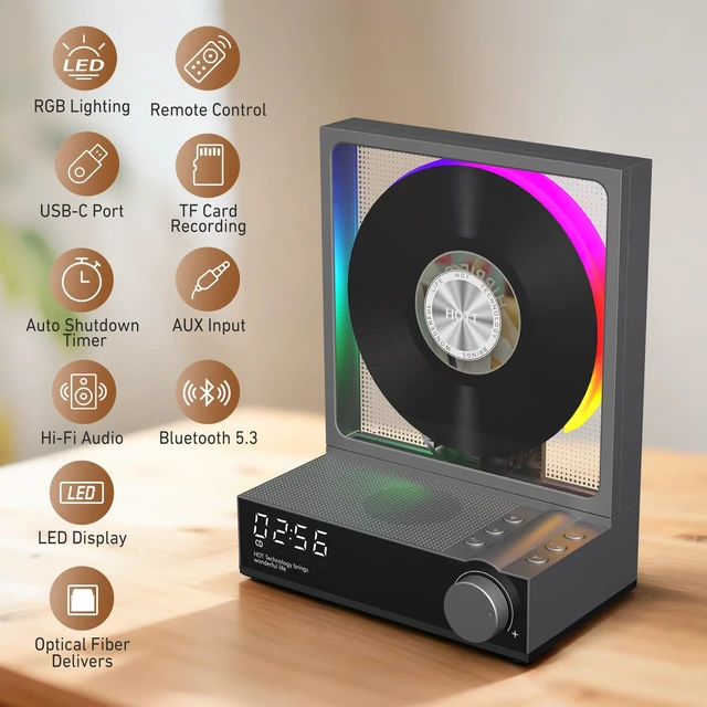 Alt view image 4 of 7 - Retro Portable CD Player Bluetooth 5.3 CD Players for Home,Music Player with HiFi Speaker,Recheageable 4000mAh, Optical Fiber Version/FT/AUX Desktop CD Players(Gray)