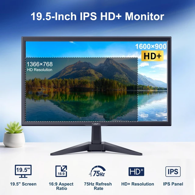 Alt view image 2 of 7 - 19.5in 1600x900 75Hz Professional Office Monitor IPS Computer Monitor, 100% sRGB, 178° Wide Viewing Angle, VGA, HDMI, VESA Mountable, Tilt Adjust