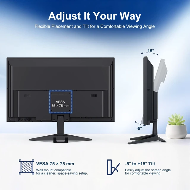 Alt view image 5 of 7 - 19.5in 1600x900 75Hz Professional Office Monitor IPS Computer Monitor, 100% sRGB, 178° Wide Viewing Angle, VGA, HDMI, VESA Mountable, Tilt Adjust