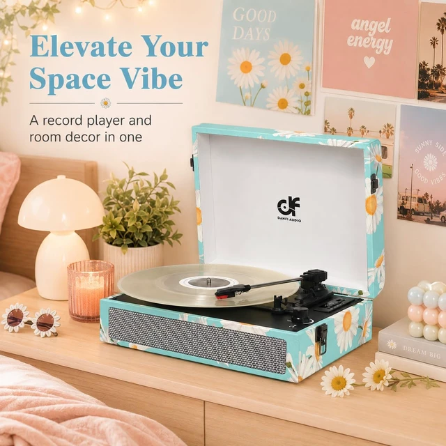 Alt view image 2 of 7 - Bluetooth Voyager Record Player Turntable, Vintage Music Players, Floral Built-in Speakers, USB Recording, 3-Speed Portable Vintage Turntable (33/45/78 RPM), Floral Vinyl Player with Headphone Jack