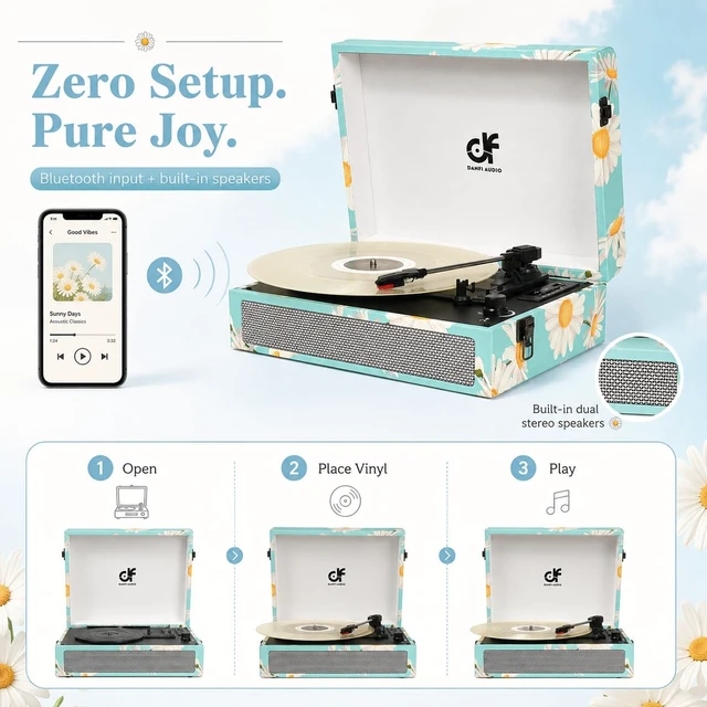 Alt view image 4 of 7 - Bluetooth Voyager Record Player Turntable, Vintage Music Players, Floral Built-in Speakers, USB Recording, 3-Speed Portable Vintage Turntable (33/45/78 RPM), Floral Vinyl Player with Headphone Jack