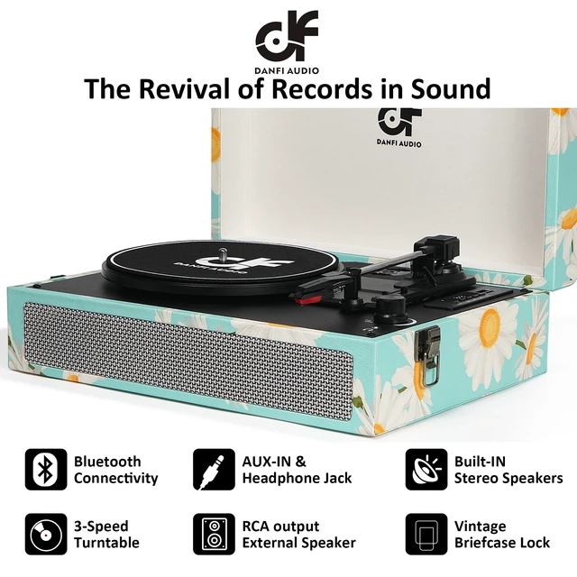 Alt view image 6 of 7 - Bluetooth Voyager Record Player Turntable, Vintage Music Players, Floral Built-in Speakers, USB Recording, 3-Speed Portable Vintage Turntable (33/45/78 RPM), Floral Vinyl Player with Headphone Jack