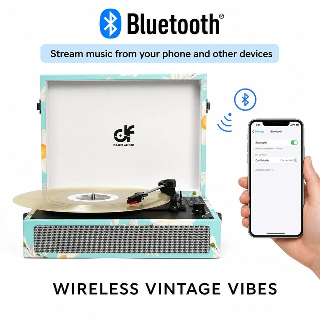 Alt view image 5 of 7 - Bluetooth Voyager Record Player Turntable, Vintage Music Players, Floral Built-in Speakers, USB Recording, 3-Speed Portable Vintage Turntable (33/45/78 RPM), Floral Vinyl Player with Headphone Jack