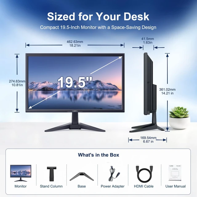 Alt view image 7 of 7 - 19.5in 1600x900 75Hz Professional Office Monitor IPS Computer Monitor, 100% sRGB, 178° Wide Viewing Angle, VGA, HDMI, VESA Mountable, Tilt Adjust
