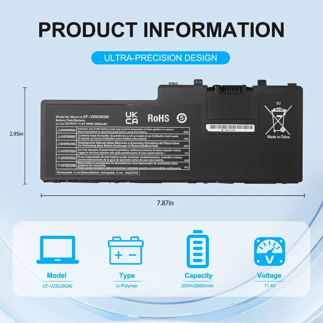 Alt view image 2 of 7 - CF-VZSU0QW CF-20 CF20 Battery Replacement for Panasonic ToughBook Toughpad FZ-A2 Mk1 Tablet PC XP CF-VZSU0QJS CF-VZSU0QK CF-VZSU0QR CF-VEK20 11.4V 2600mAh 30Wh