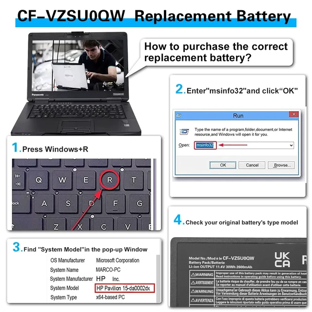 Alt view image 5 of 7 - CF-VZSU0QW CF-20 CF20 Battery Replacement for Panasonic ToughBook Toughpad FZ-A2 Mk1 Tablet PC XP CF-VZSU0QJS CF-VZSU0QK CF-VZSU0QR CF-VEK20 11.4V 2600mAh 30Wh