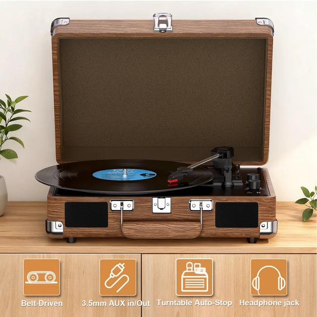 Alt view image 6 of 7 - Record Player with Built-in Speakers, Vintage Bluetooth Turntable 3 Speed Suitcase Vinyl Record Player with Bluetooth Input, Bass & Treble Control, Auto Stop, AUX in, RCA Out, Headphone Jack Rosewood