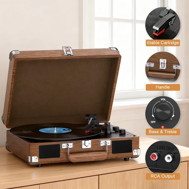 Alt view image 5 of 7 - Record Player with Built-in Speakers, Vintage Bluetooth Turntable 3 Speed Suitcase Vinyl Record Player with Bluetooth Input, Bass & Treble Control, Auto Stop, AUX in, RCA Out, Headphone Jack Rosewood