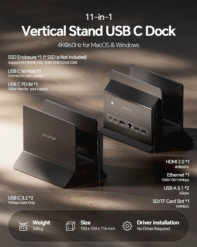 Alt view image 2 of 7 - MacBook Pro Air Docking Station, Vertical USB C Laptop Docking Station with M.2 SSD Slot, HDMI 4K@60Hz, 4 USB A/C Max 10Gbps, Ethernet, SD/TF, PD Dock for MacBook/USB-C Win Laptops - Black