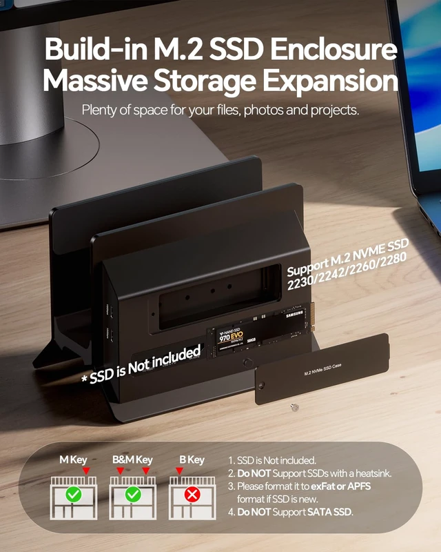 Alt view image 4 of 7 - MacBook Pro Air Docking Station, Vertical USB C Laptop Docking Station with M.2 SSD Slot, HDMI 4K@60Hz, 4 USB A/C Max 10Gbps, Ethernet, SD/TF, PD Dock for MacBook/USB-C Win Laptops - Black