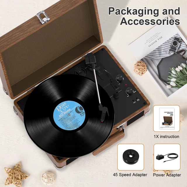 Alt view image 7 of 7 - Record Player with Built-in Speakers, Vintage Bluetooth Turntable 3 Speed Suitcase Vinyl Record Player with Bluetooth Input, Bass & Treble Control, Auto Stop, AUX in, RCA Out, Headphone Jack Rosewood