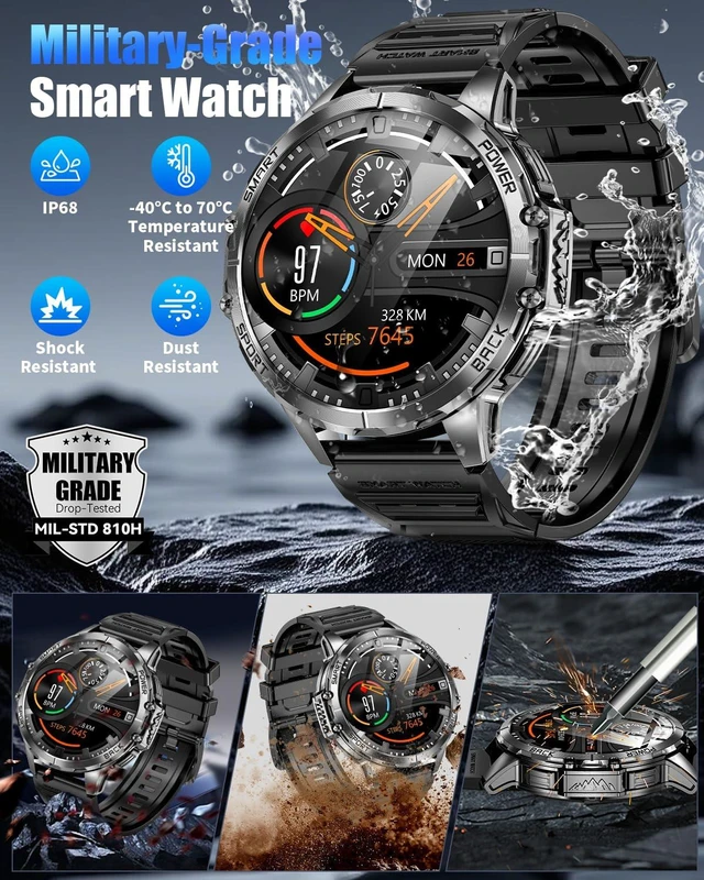 Alt view image 7 of 7 - Military Smartwatch for Men, Top-Mounted Flashlight, 1200mAh Battery 1.7" HD Display, Answer/Make Calls, 200+ Watch Faces, 100+ Sports Modes, 5ATM Waterproof, Fitness Tracker for Android & iOS