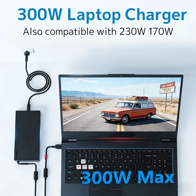 Alt view image 4 of 7 - 300W 20V 15A Laptop Charger Fit for Lenovo Legion Power Adapter Square Tip Smart IC Chip, Overheat & Overvoltage Protection, Supports Full Performance Mode, Fast Charging, Reinforced Power Cord