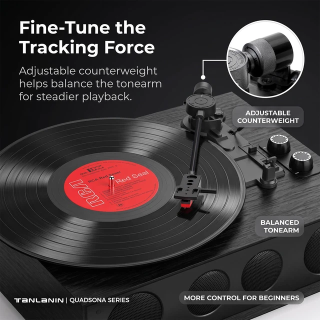 Alt view image 6 of 7 - Vinyl Record Player with 4 Speakers, Counterweight, Bluetooth, Black 4-Speaker Audio, Adjustable Counterweight, 3-Speed Auto-Stop, Bluetooth Input, RCA/AUX and Headphone Output