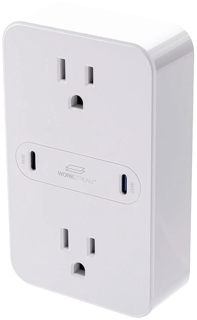 Main image of 2-Outlet Wall Tap Power Strip with USB-C PD 50W + 20W Power Delivery, Wall Mountable, for Laptops and Mobile Phones - Workstream Collection